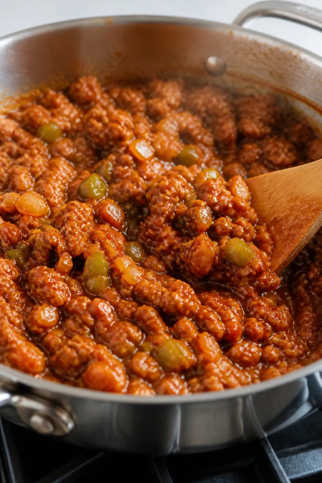 Cooking process, close-up detail: Ground chicken sloppy joe mixture simmering in a wide stainless sk