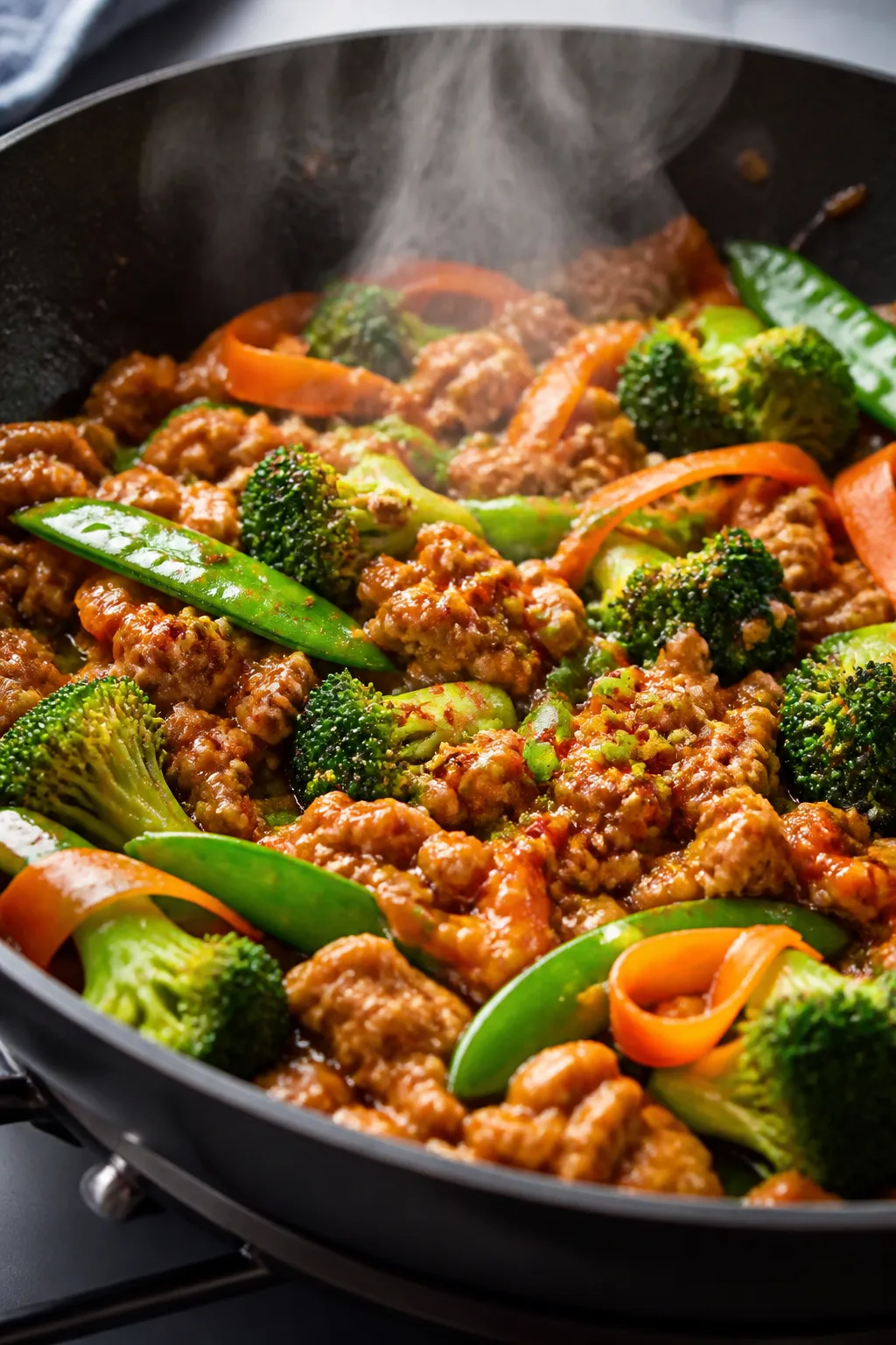 Cooking process, close-up detail: Ground chicken teriyaki sizzling in a wide skillet, glossy sauce j