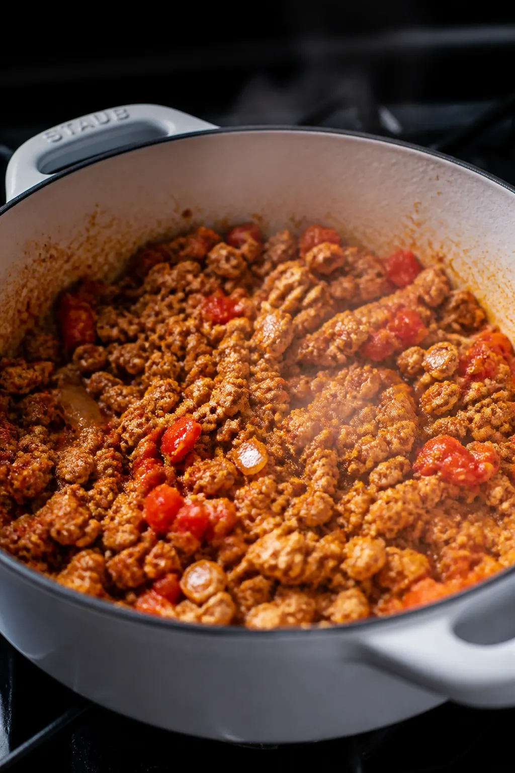 Cooking process, close-up detail: Lean ground turkey crumbles sizzling in a Dutch oven with softened