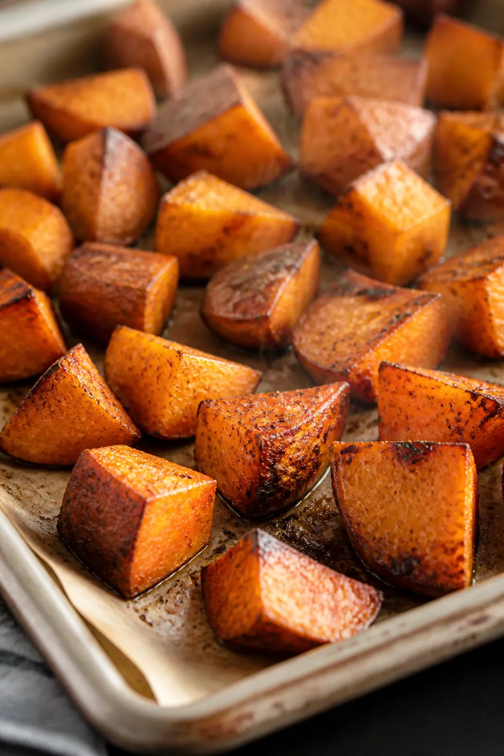 Cooking process, close-up detail: Roasted sweet potato cubes just out of the oven on a parchment-lin
