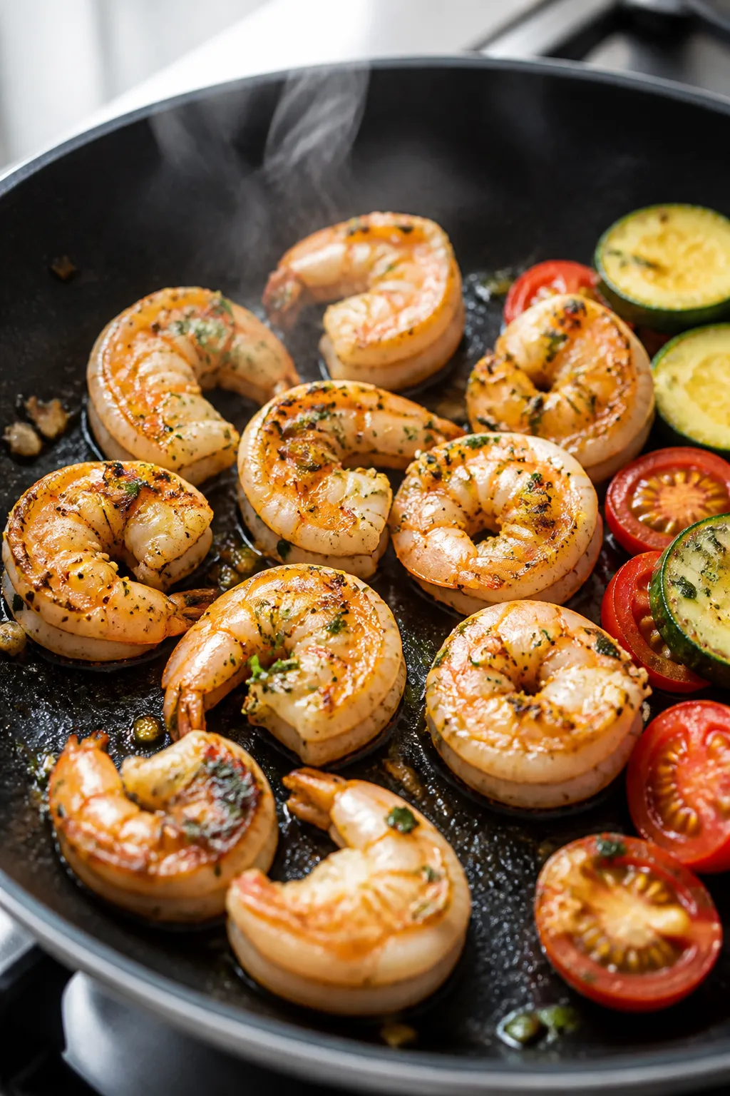 Cooking process, close-up detail: Searing lemon-garlic shrimp in a hot nonstick skillet, shrimp curl