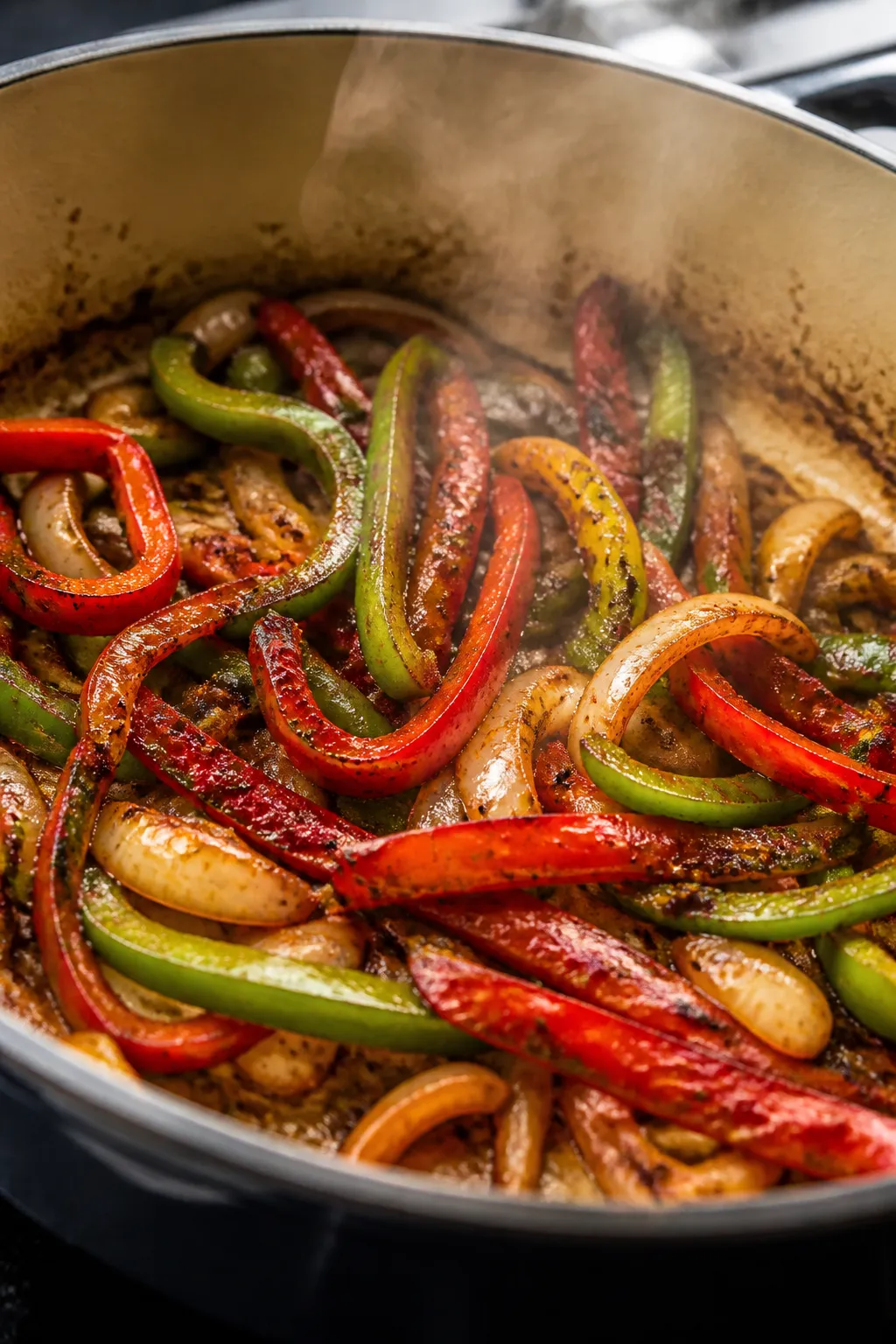 Cooking process, close-up detail: Searing strips of red and green bell peppers and onions in a wide