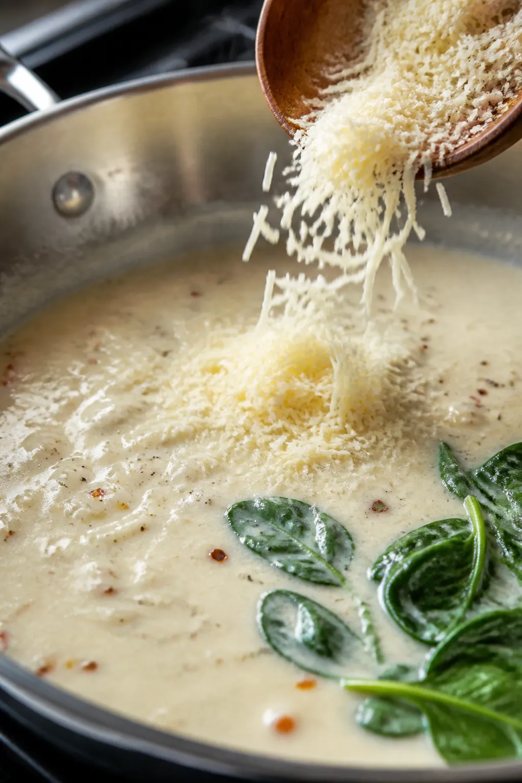 Cooking process, close-up detail: Shallow-depth close-up of silky garlic Parmesan sauce in a stainle