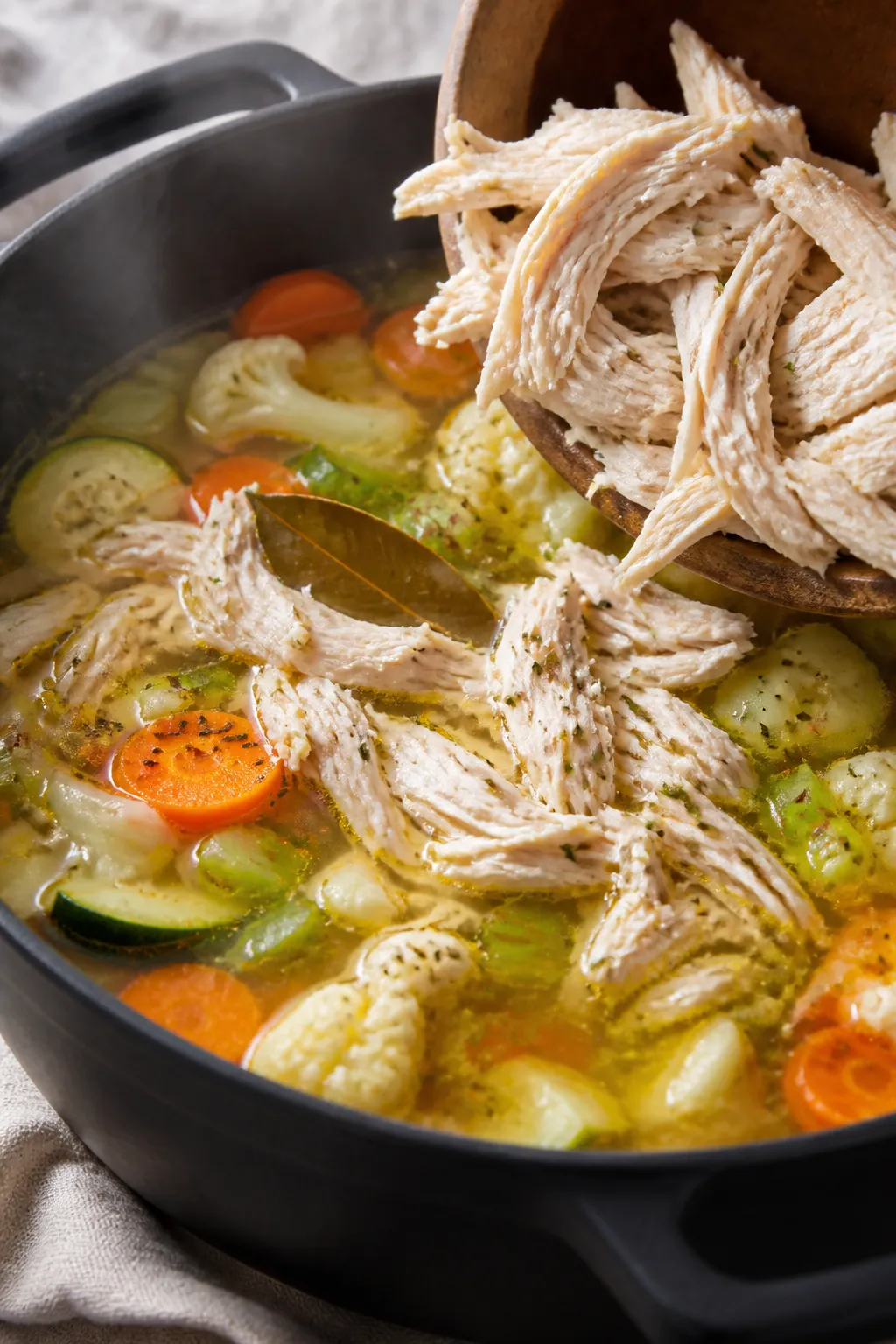 Cooking process, close-up detail: Shallow-depth close-up of shredded poached chicken being returned