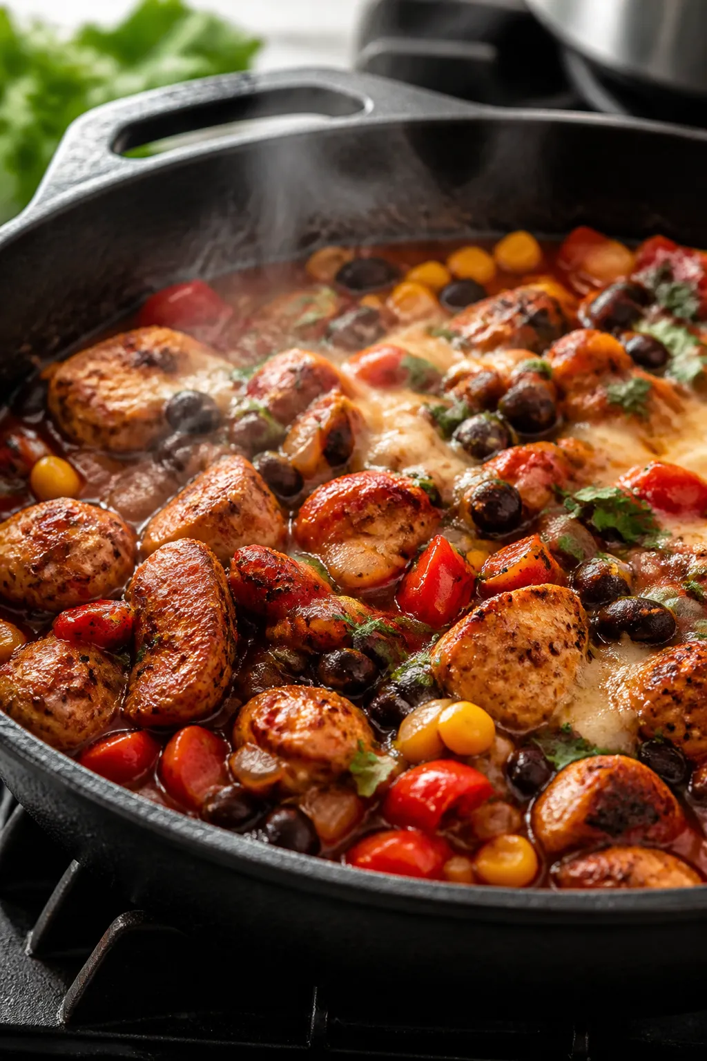 Cooking process, close-up detail: Sizzling chicken enchilada skillet mid-cook in a well-seasoned cas