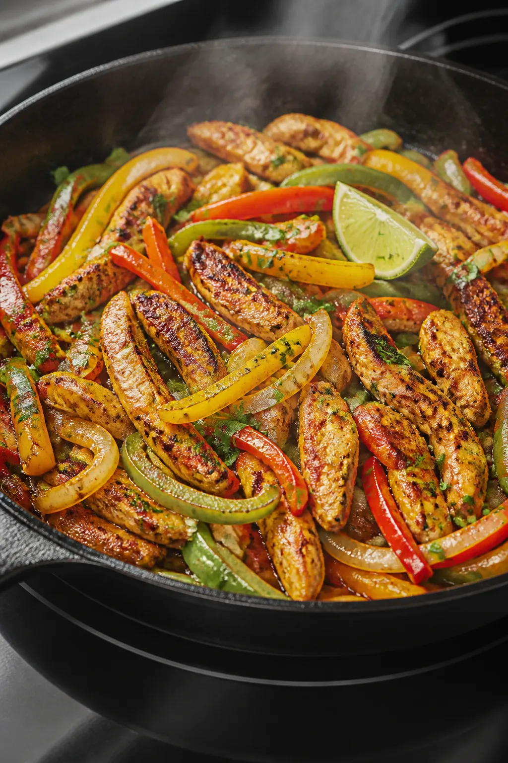 Cooking process, close-up detail: Sizzling chicken fajita strips in a large skillet, golden-browned