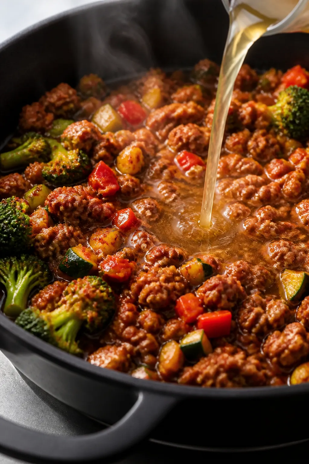 Cooking process, close-up detail: Sizzling ground chicken skillet mid-cook, with browned, caramelize