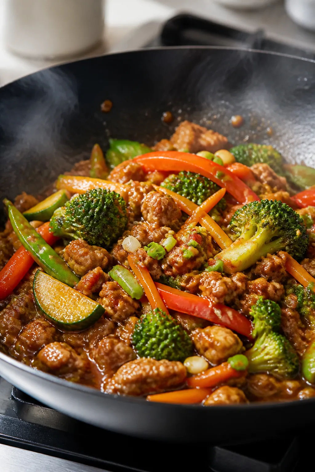 Cooking process, close-up detail: Sizzling ground turkey stir fry mid-cook in a wide, black wok over