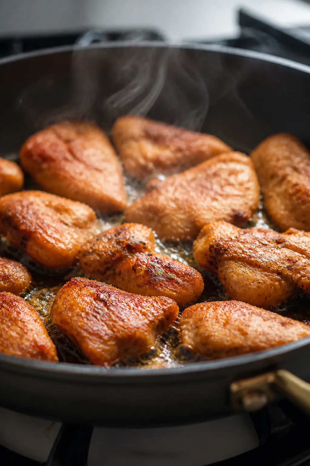 Cooking process close-up: Golden-brown bang bang chicken pieces sizzling in a large skillet, cornsta