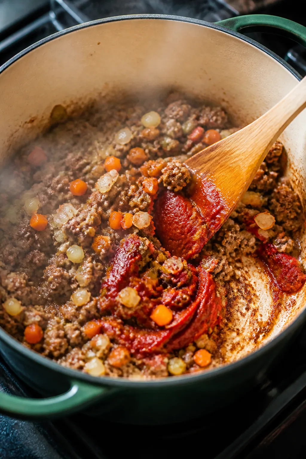 Cooking process close-up: Ground beef browning in a Dutch oven with crisp, caramelized edges, diced 