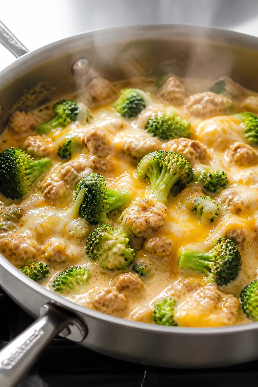 Cooking process, close-up: Ground chicken broccoli casserole filling simmering in a wide stainless s