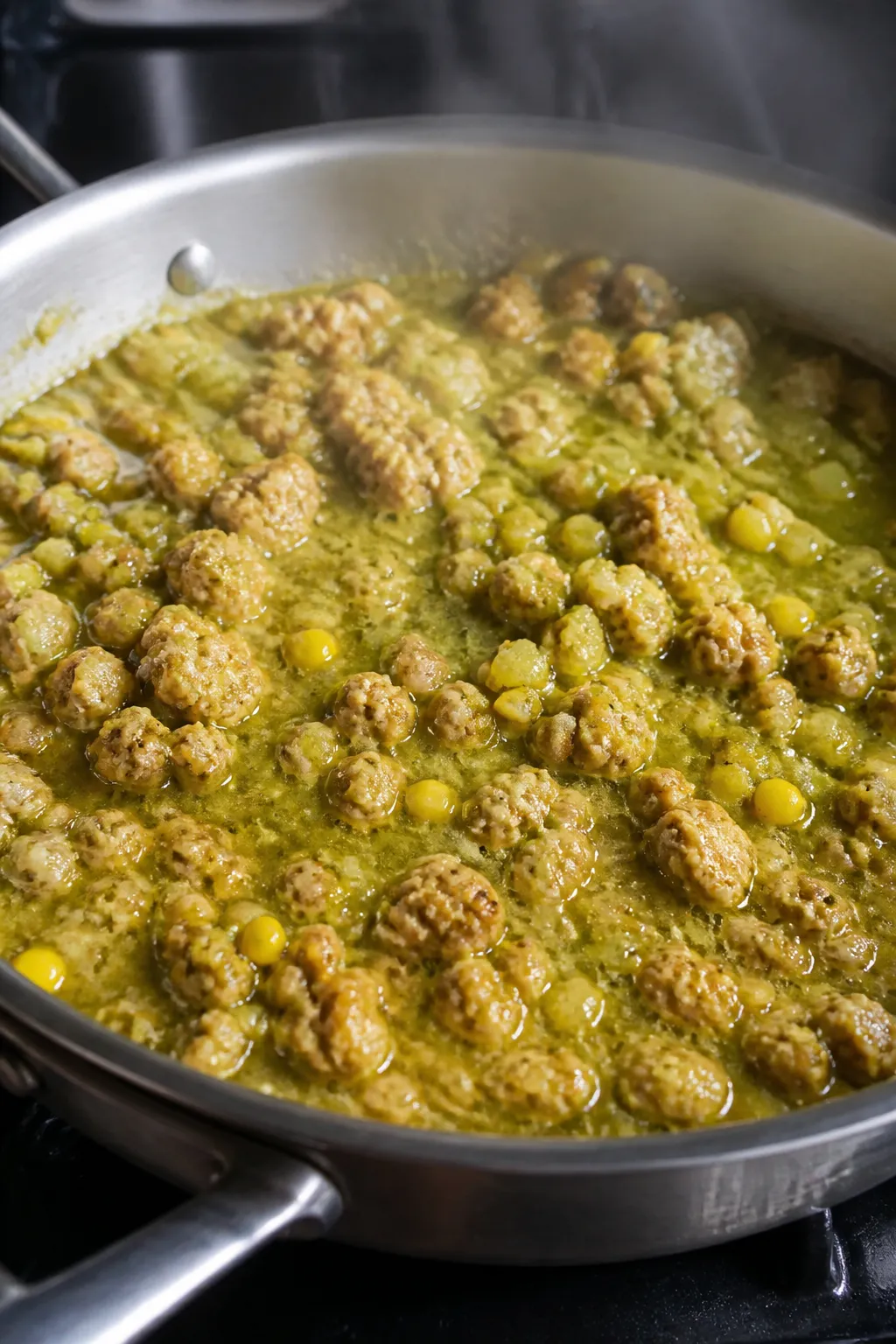 Cooking process close-up: Ground chicken simmering in salsa verde in a wide stainless skillet, brown