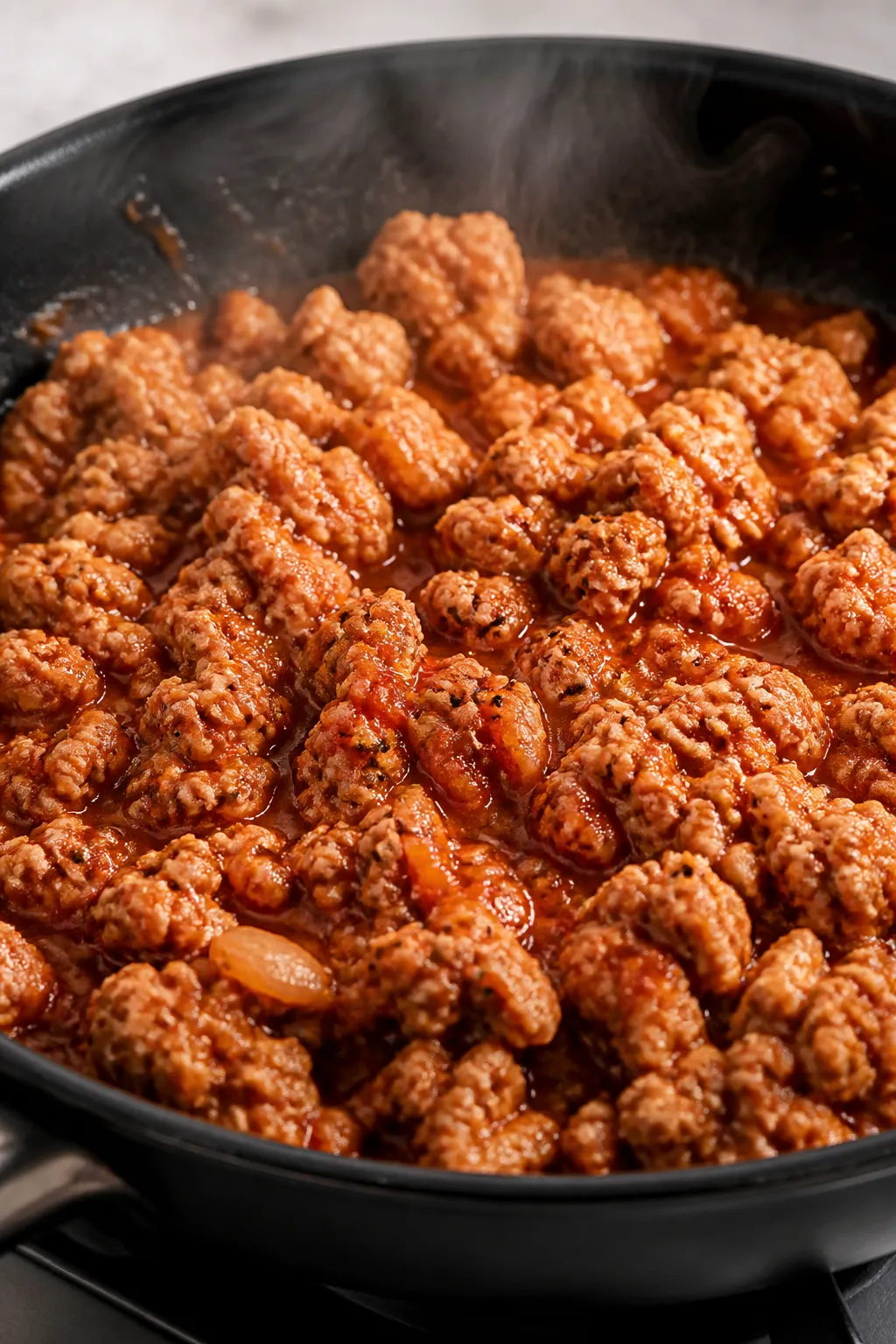 Cooking process close-up: Ground chicken sizzling in a skillet after sautéing onions, garlic, and t