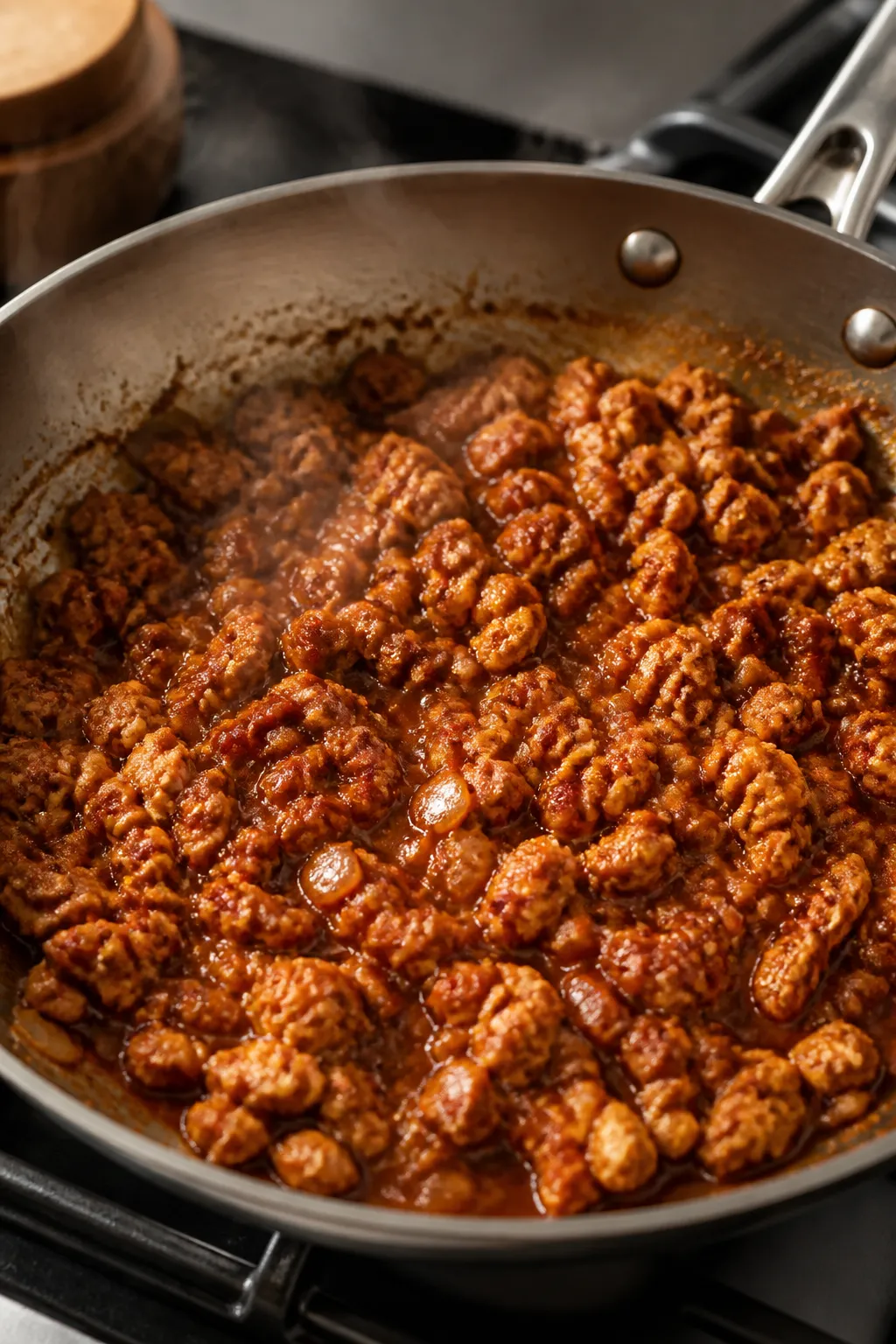 Cooking process close-up: Ground chicken sizzling in a wide skillet, lightly browned and glossy as c