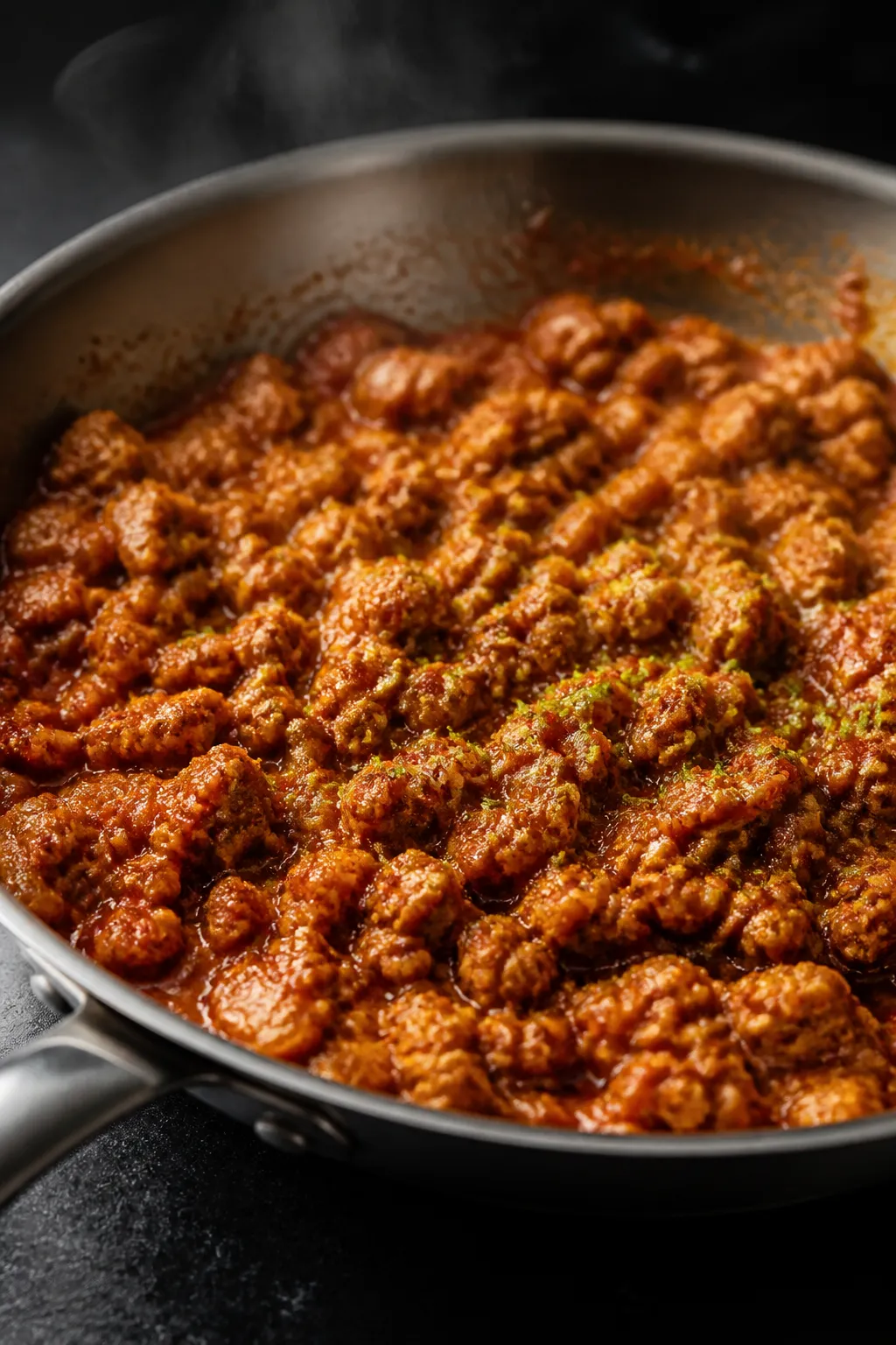 Cooking process close-up: Ground chicken sizzling in a wide stainless skillet, lightly browned and c