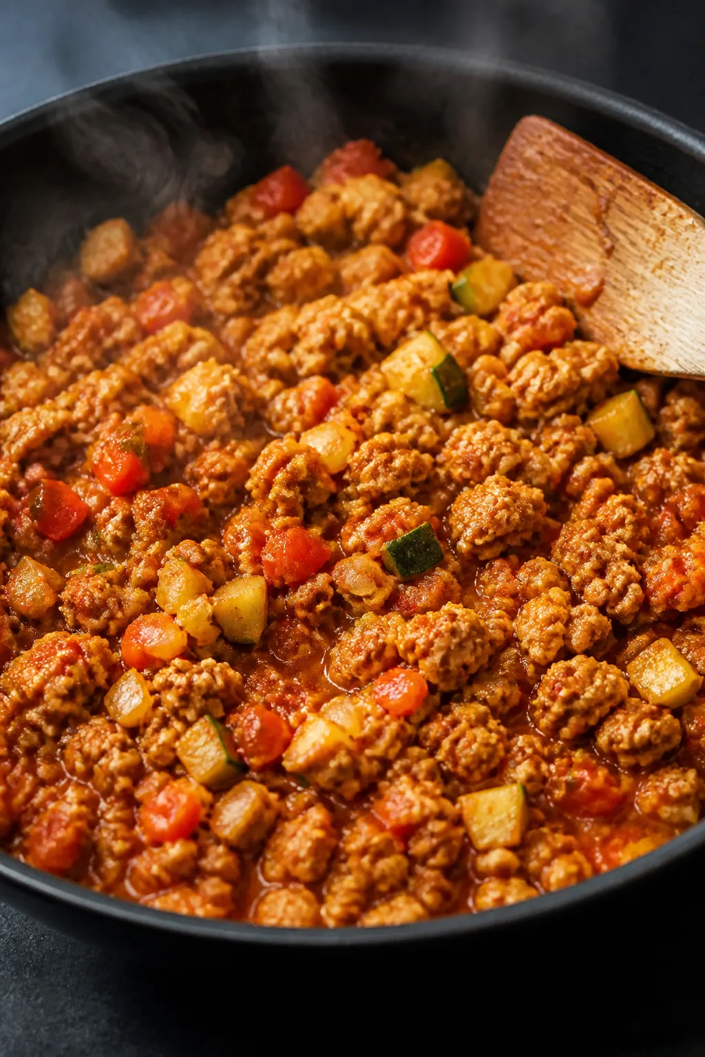 Cooking process close-up: Ground chicken taco mixture sizzling in a wide black skillet, chicken ligh