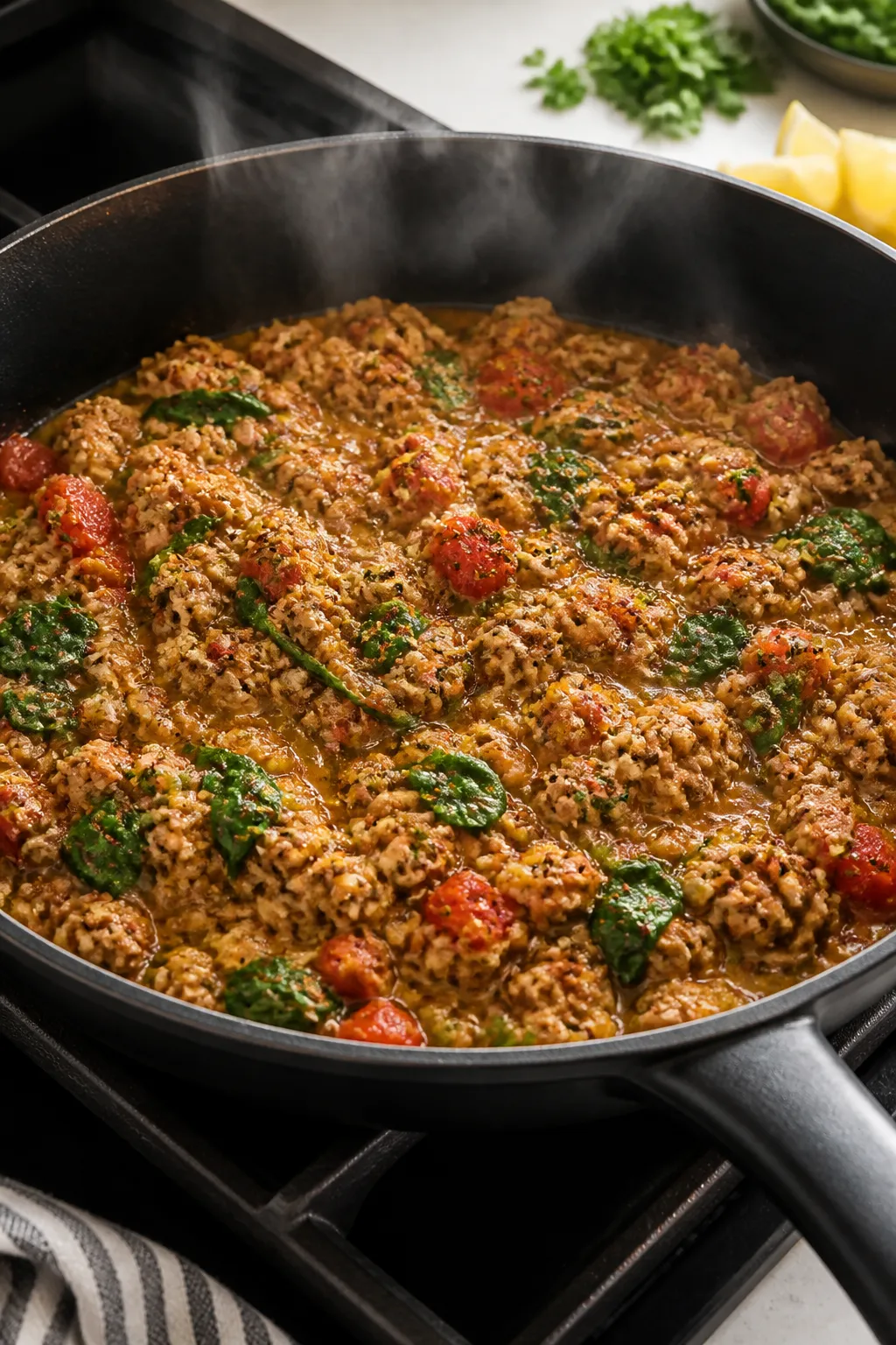 Cooking process, close-up: Ground turkey stuffing simmering in a skillet after browning, saucy and g
