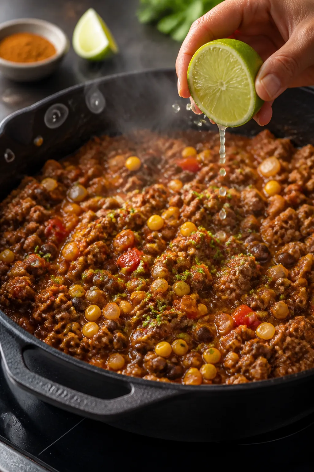 Cooking process close-up: Ground turkey taco filling simmering in a wide skillet, cooked crumbles co