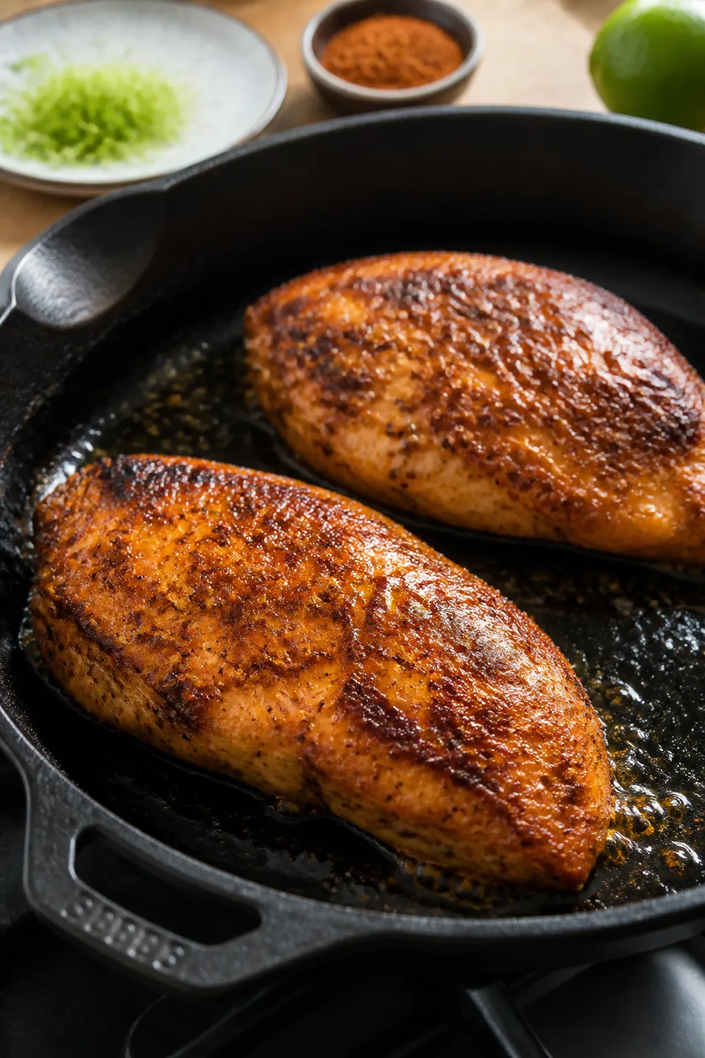 Cooking process close-up: Juicy taco-seasoned chicken breasts searing in a cast-iron skillet, golden