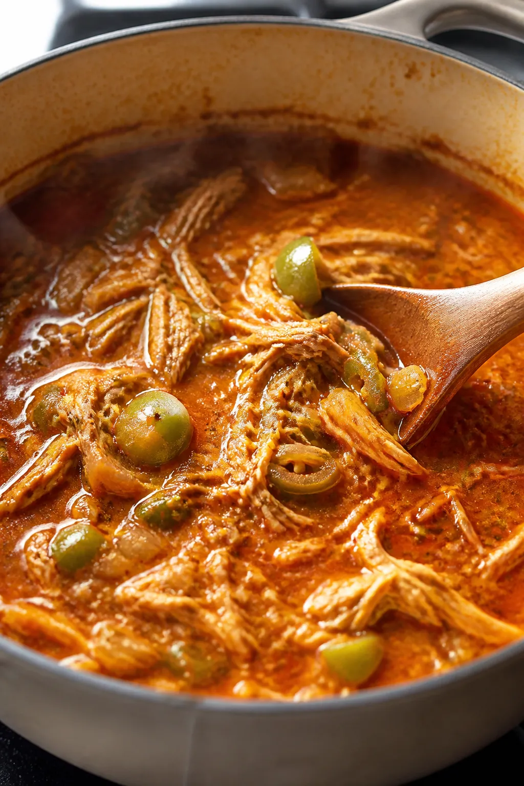 Cooking process — Close-up of the soup base simmering in a Dutch oven: glossy tomato-chile broth w