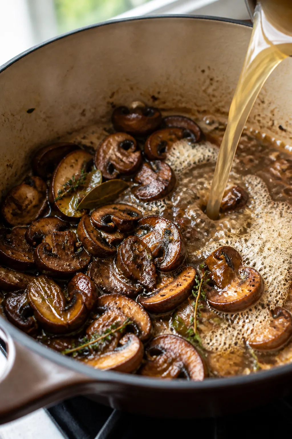 Cooking process close-up: Sautéed cremini/baby bella mushrooms browning deeply in a wide, heavy pot