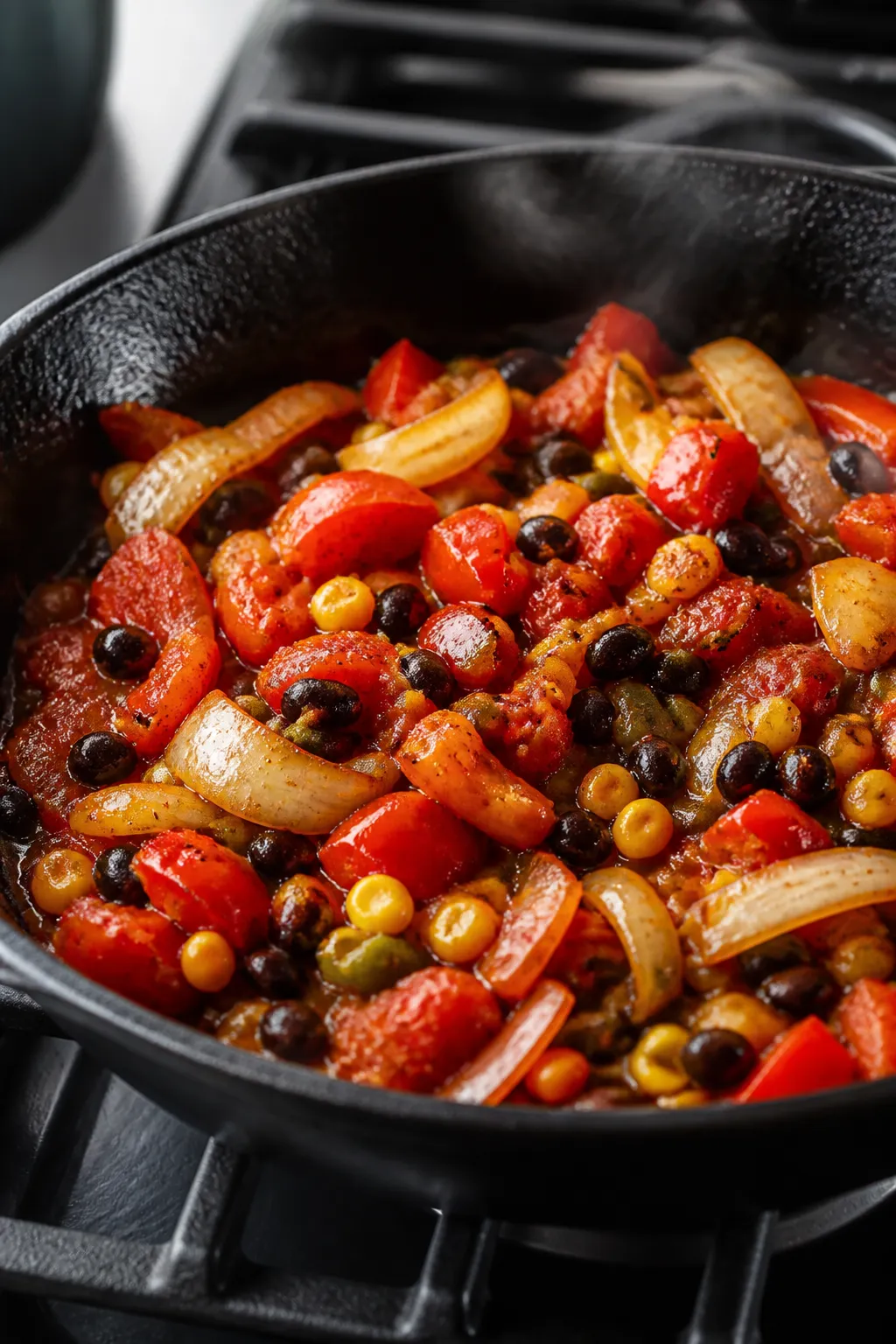 Cooking process close-up: SautĂŠed onion and red bell pepper in a dark, well-seasoned skillet, edges
