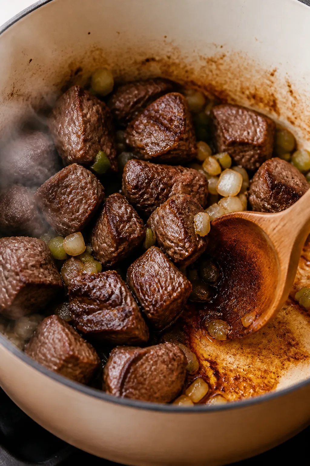 Cooking process close-up: Searing bite-size beef stew meat in a Dutch oven, deeply browned crust wit