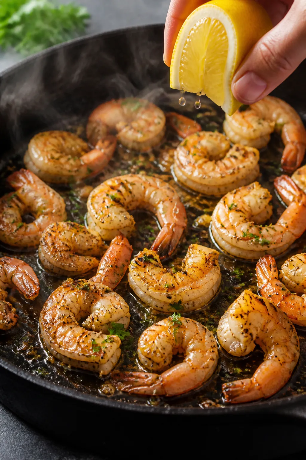 Cooking process, close-up: Searing lemon-pepper shrimp in a hot skillet, shrimp just turning opaque