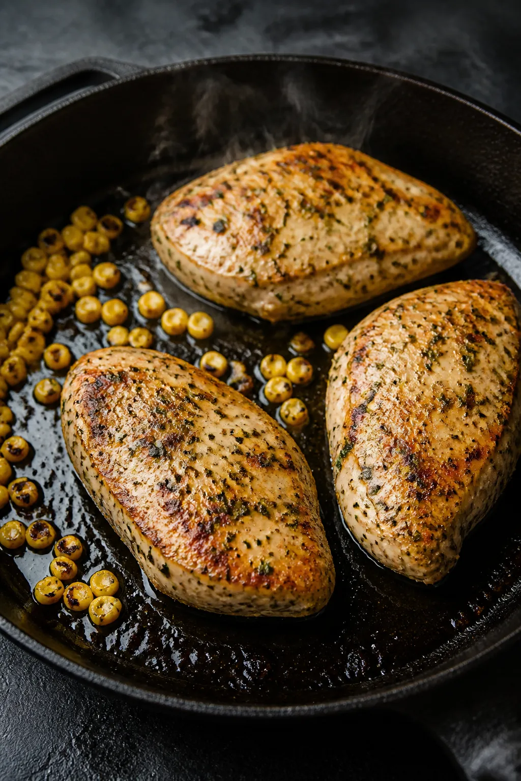 Cooking process close-up: Searing ranch-seasoned chicken breasts in a hot skillet, golden-brown cara