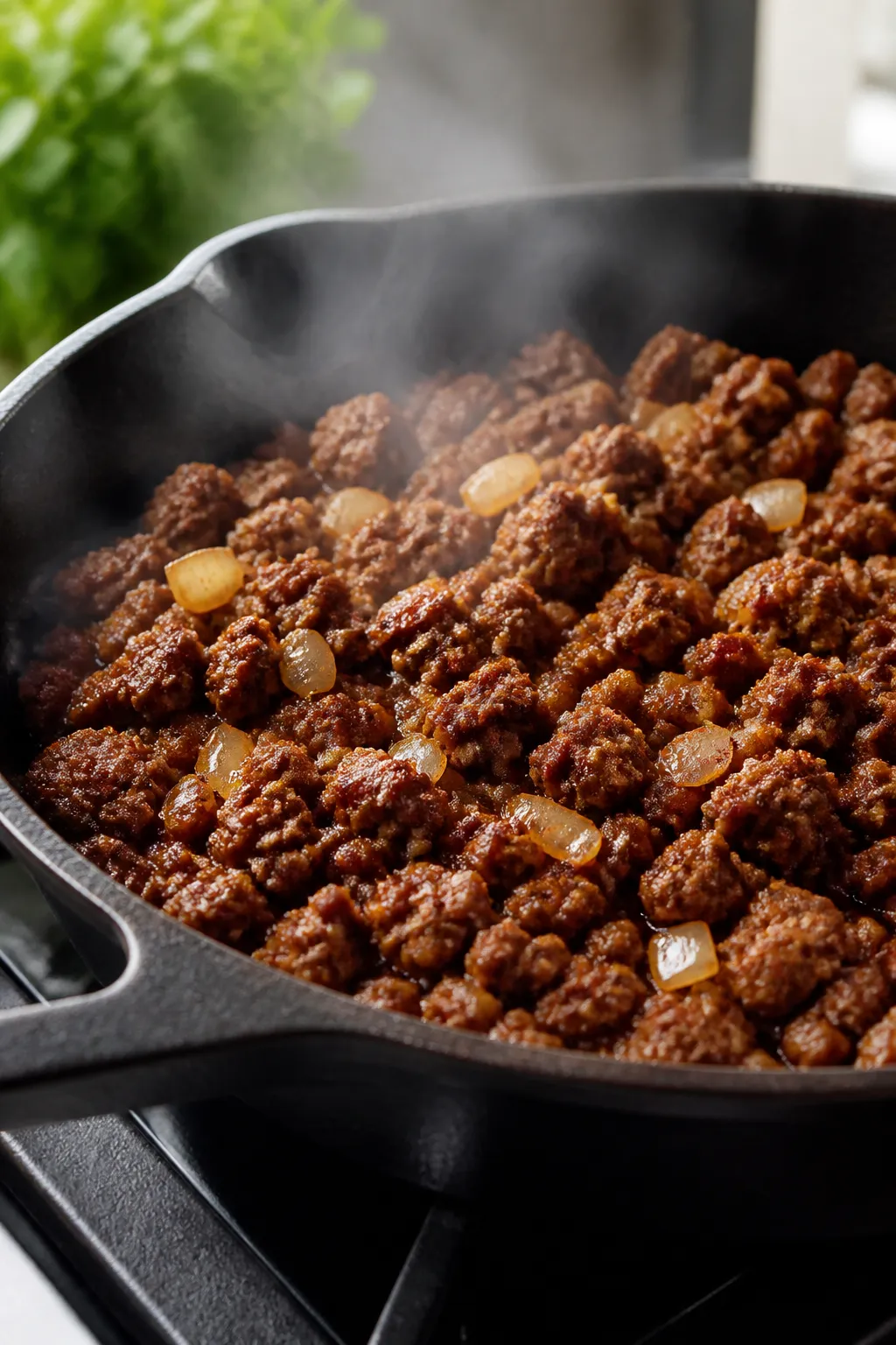 Cooking process close-up: Seasoned lean ground beef browning in a heavy skillet with softened diced 