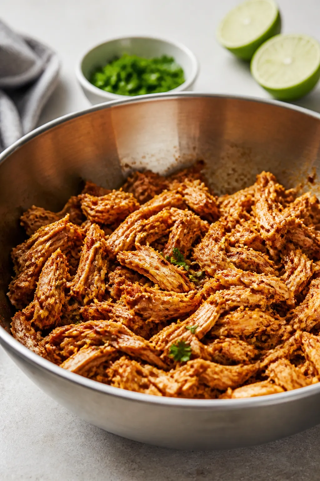 Cooking process close-up: Shredded rotisserie chicken being tossed with taco seasoning, a drizzle of