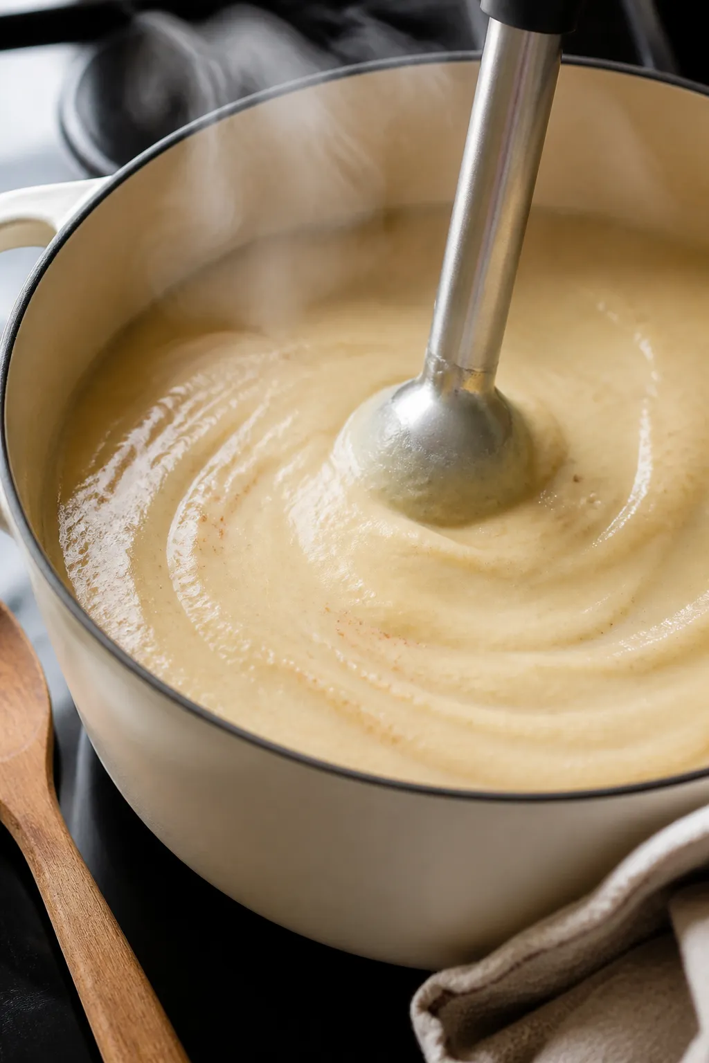 Cooking process close-up: Silky cauliflower soup being immersion-blended directly in a Dutch oven, s