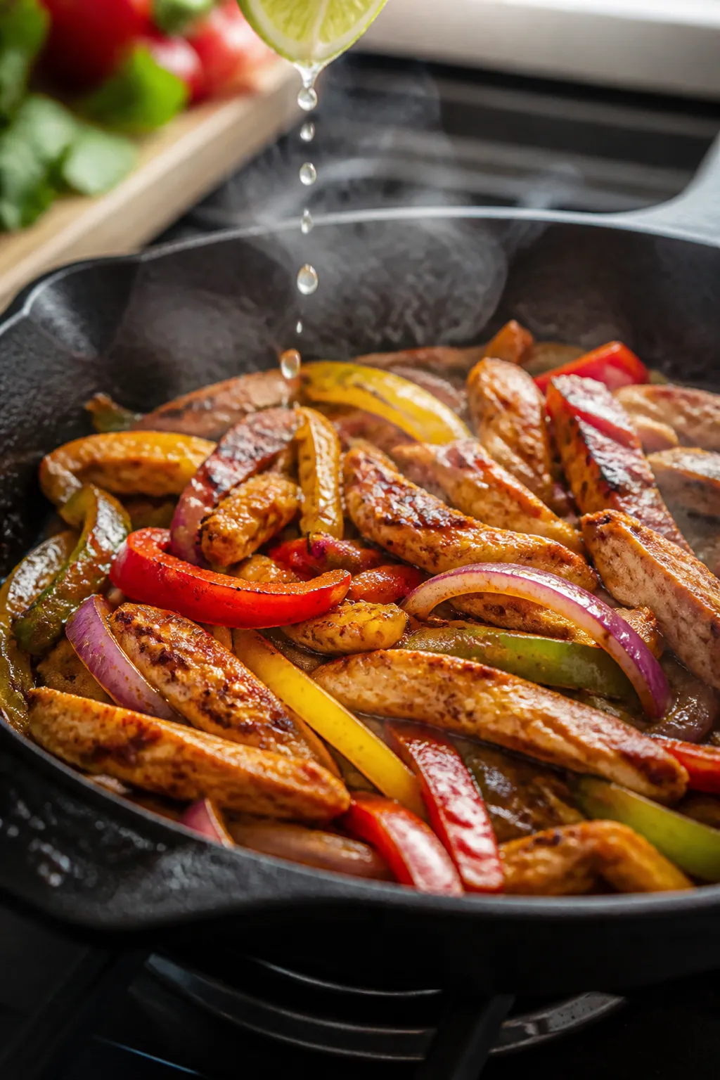 Cooking process close-up: Sizzling chicken fajitas in a cast-iron skillet, showing thin strips of br