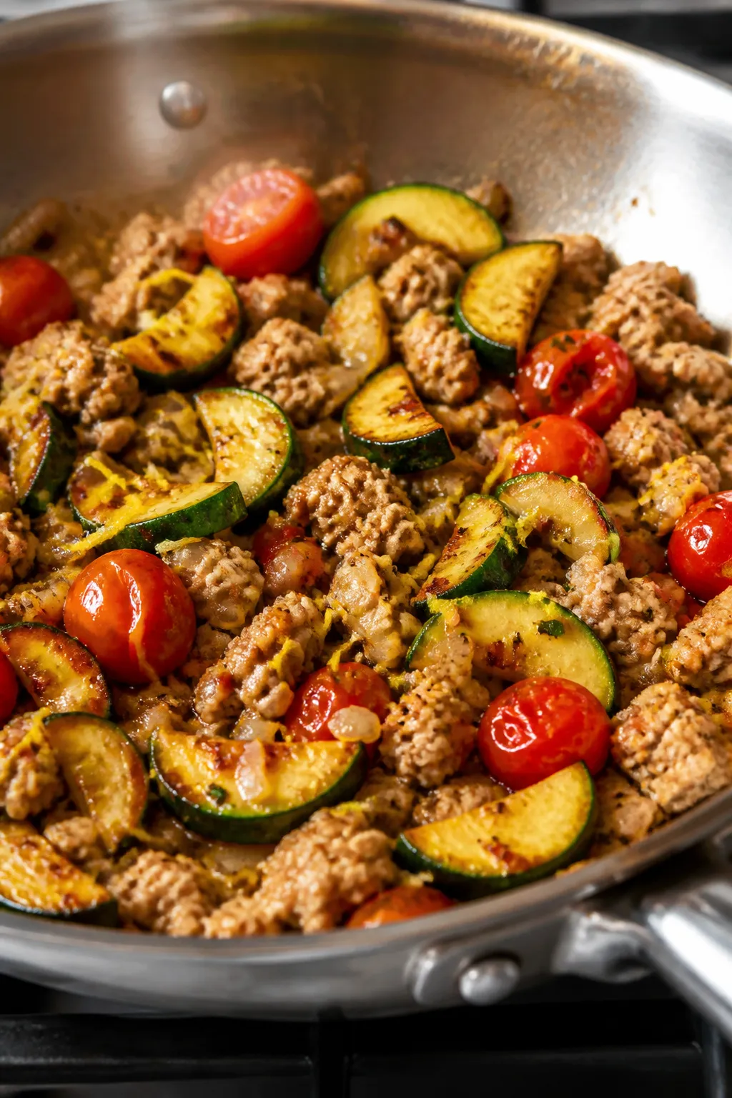 Cooking process, close-up: Sizzling ground chicken and caramelized zucchini in a large stainless ski
