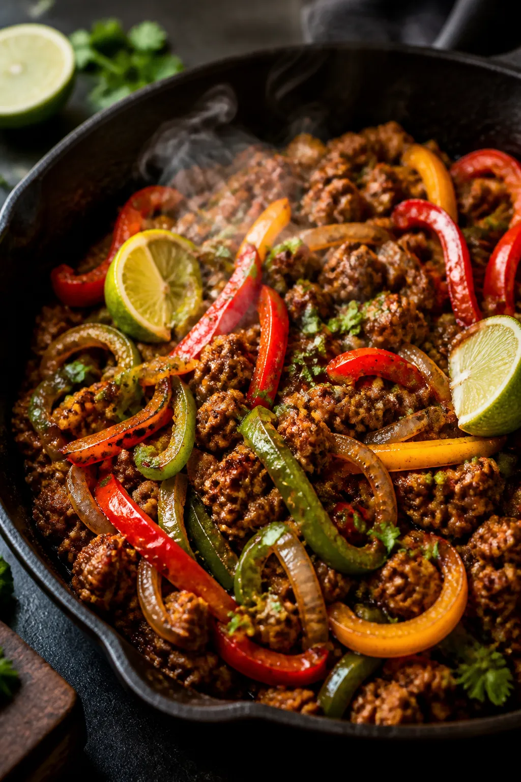 Cooking process close-up: Sizzling ground chicken fajita mixture in a large cast-iron skillet, groun