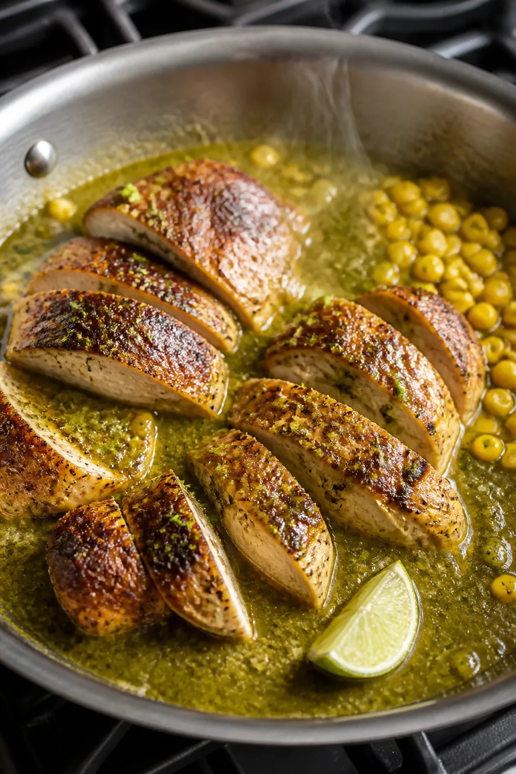 Cooking process close-up: Sizzling salsa verde chicken in a stainless skillet, golden seared edges o