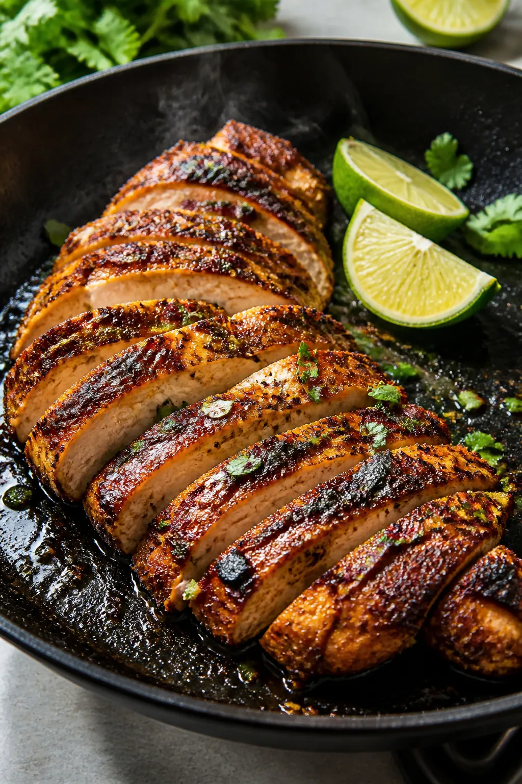 Cooking process close-up: Sliced chili-lime marinated chicken searing in a hot skillet, golden-brown