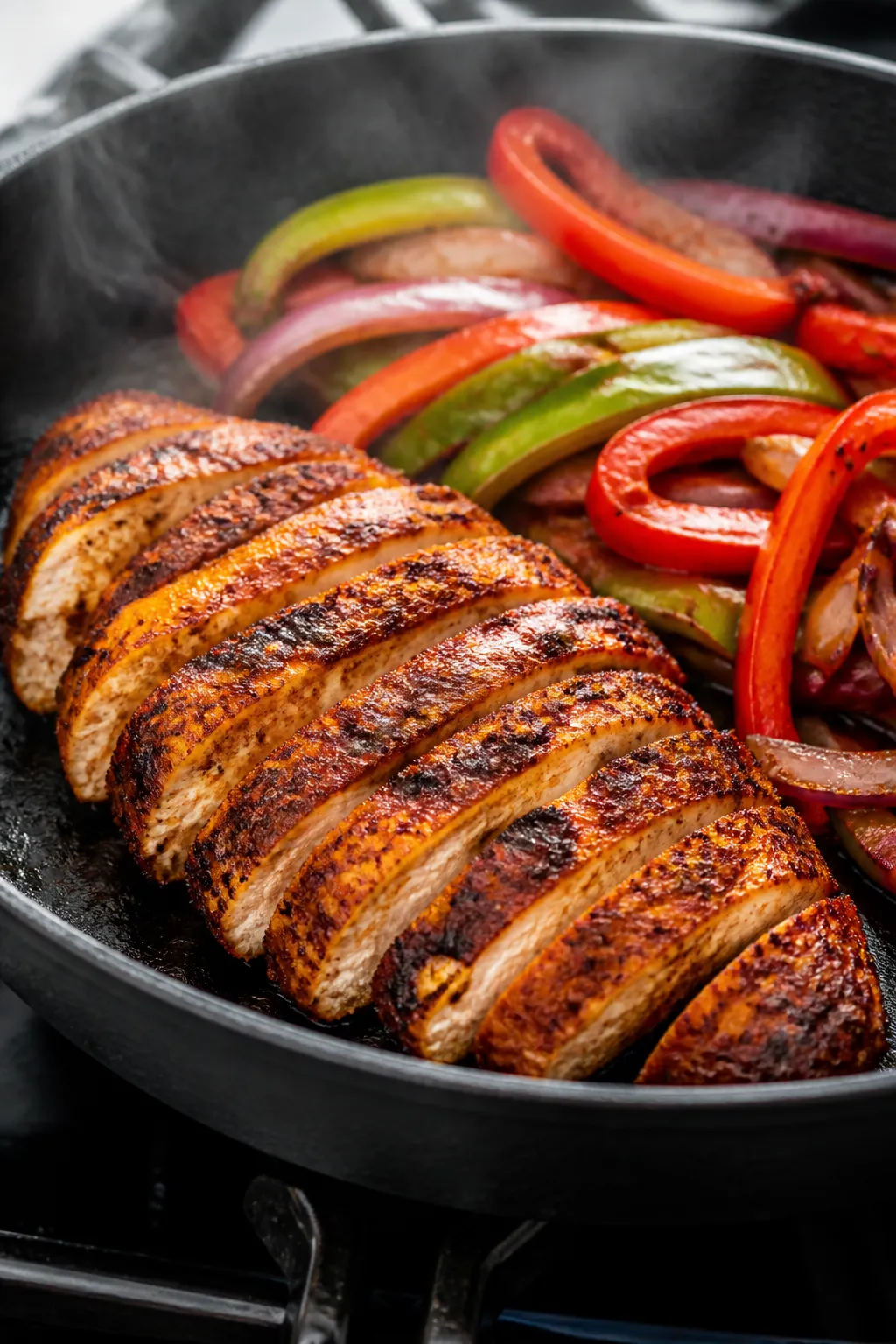 Cooking process, close-up: Sliced taco-seasoned chicken searing in a hot skillet, edges lightly char