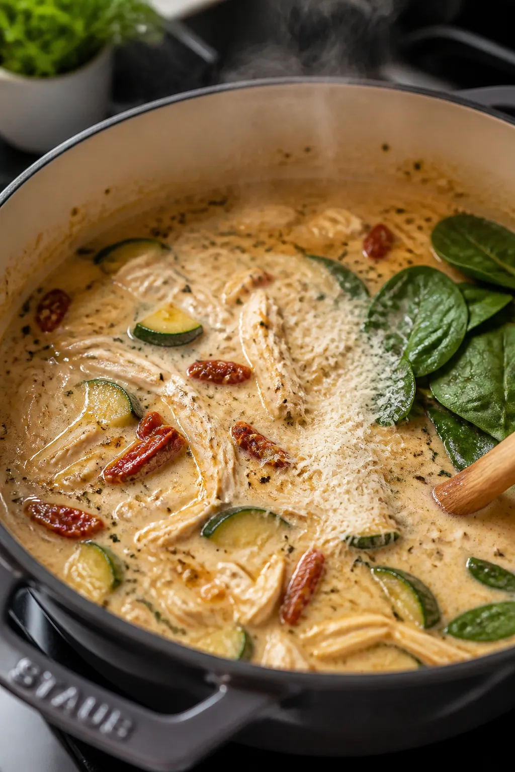 Cooking process: Creamy Tuscan chicken soup mid-simmer in a Dutch oven, close-up of silky golden bro