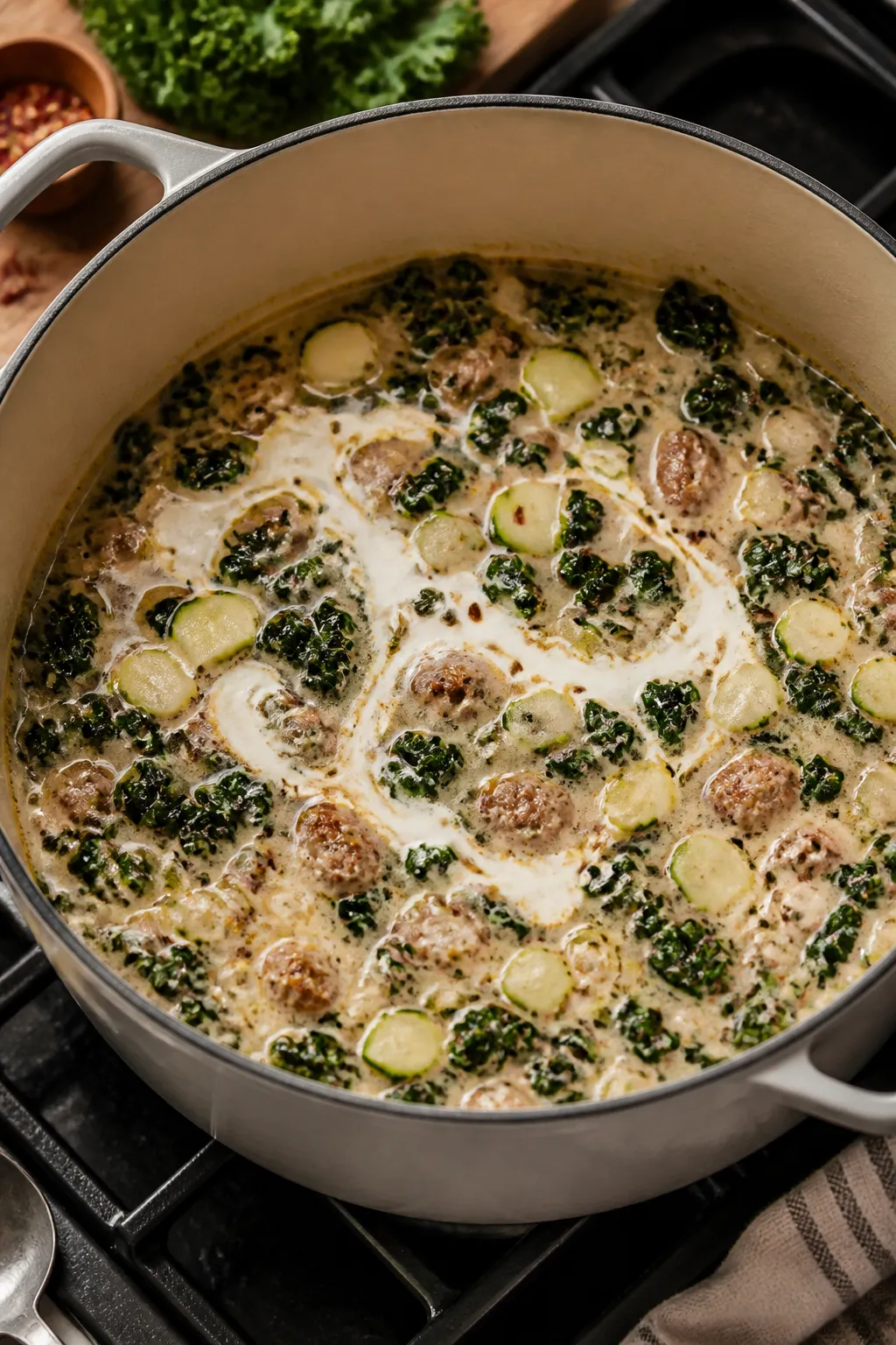 Cooking process: Finishing the Low Carb Sausage and Kale Soup in the pot as a swirl of heavy cream i