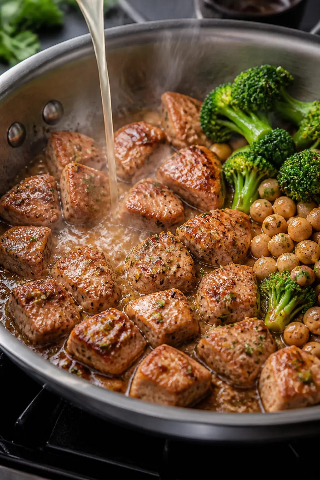 Cooking process — Garlic butter chicken in skillet: Searing bite-size chicken pieces in a large st