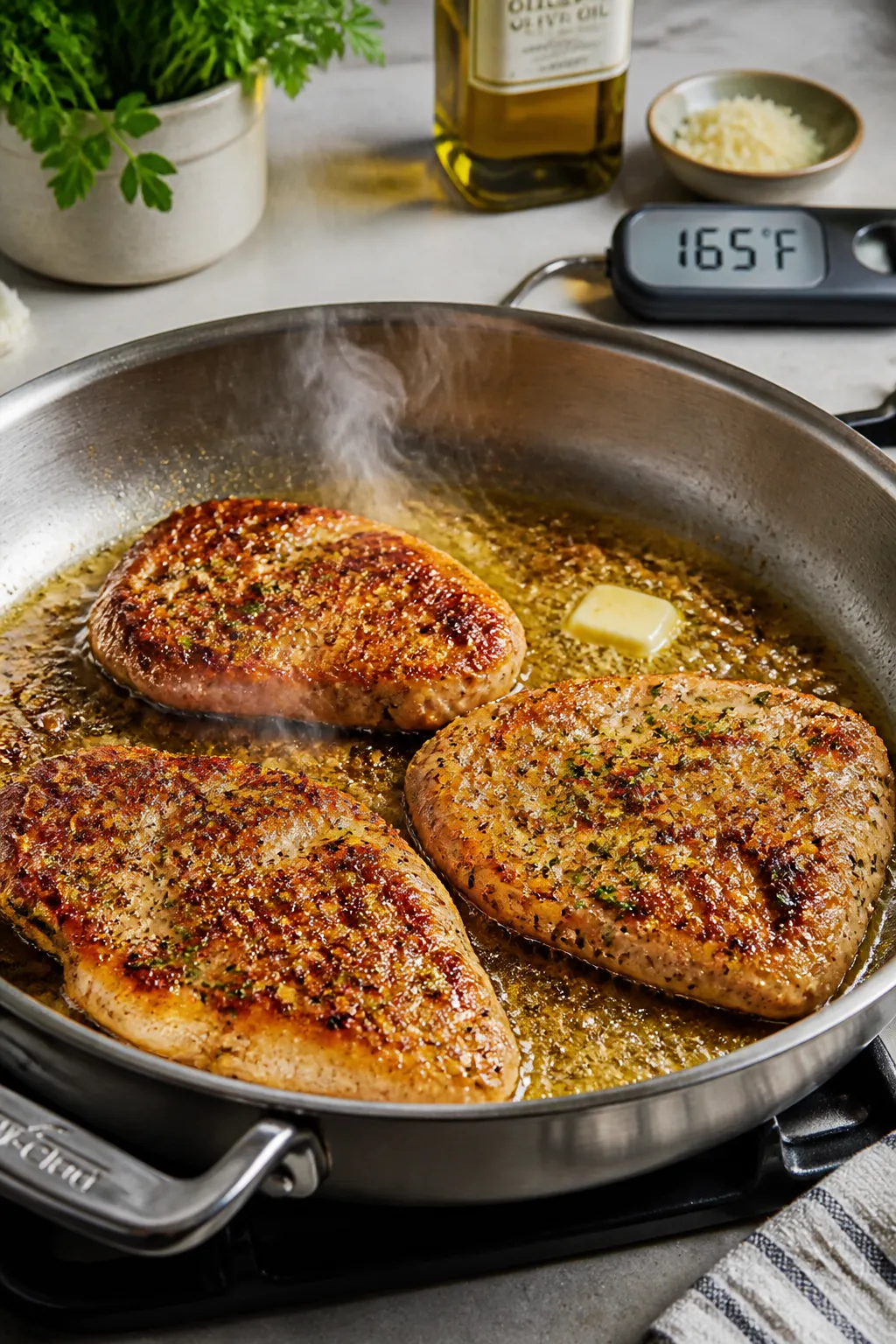 Cooking process: Garlic Parmesan chicken cutlets sizzling in a large skillet over medium heat, two p