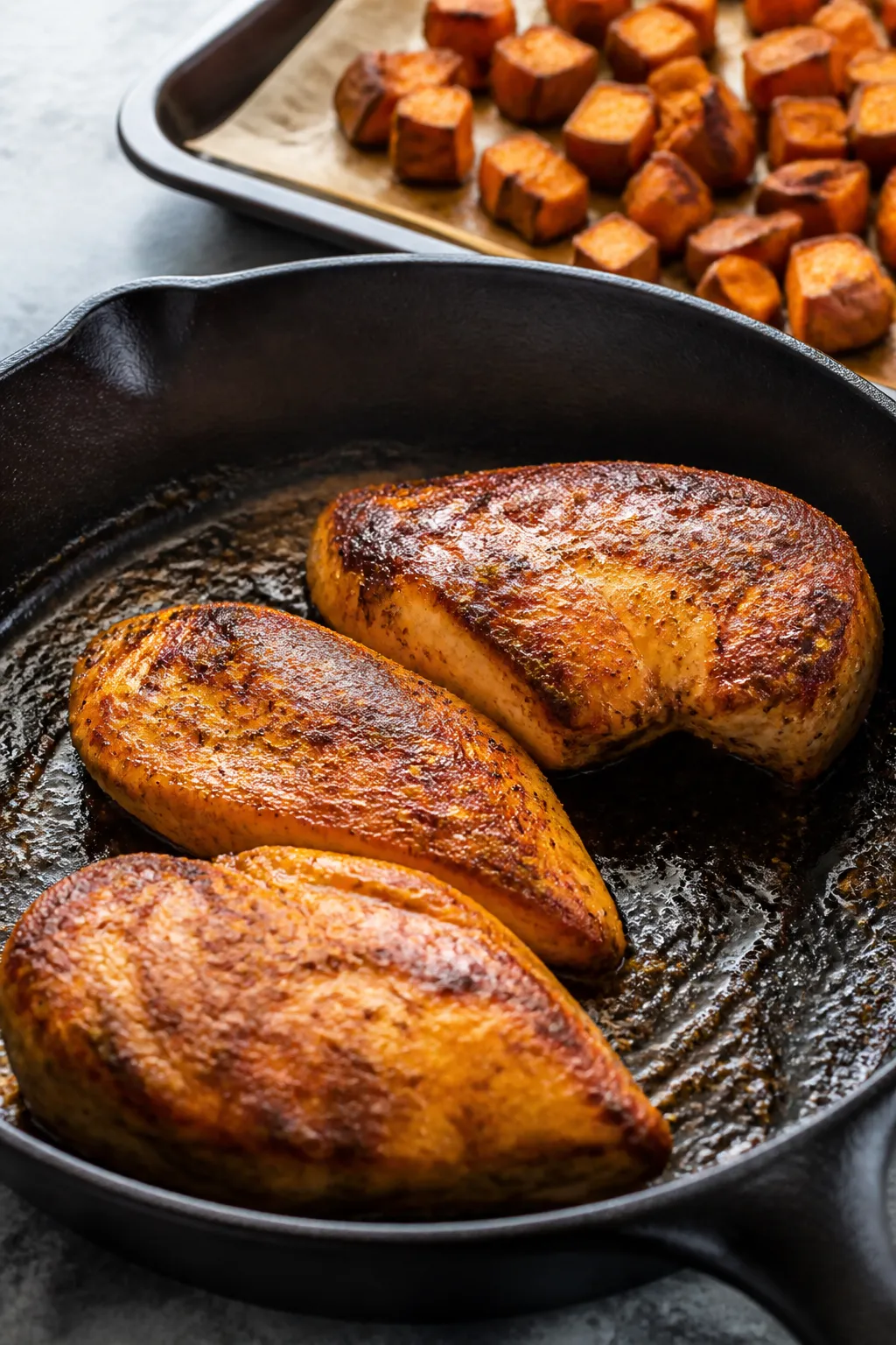 Cooking process: Golden-seared chicken breasts in an oven-safe skillet just after flipping, showing