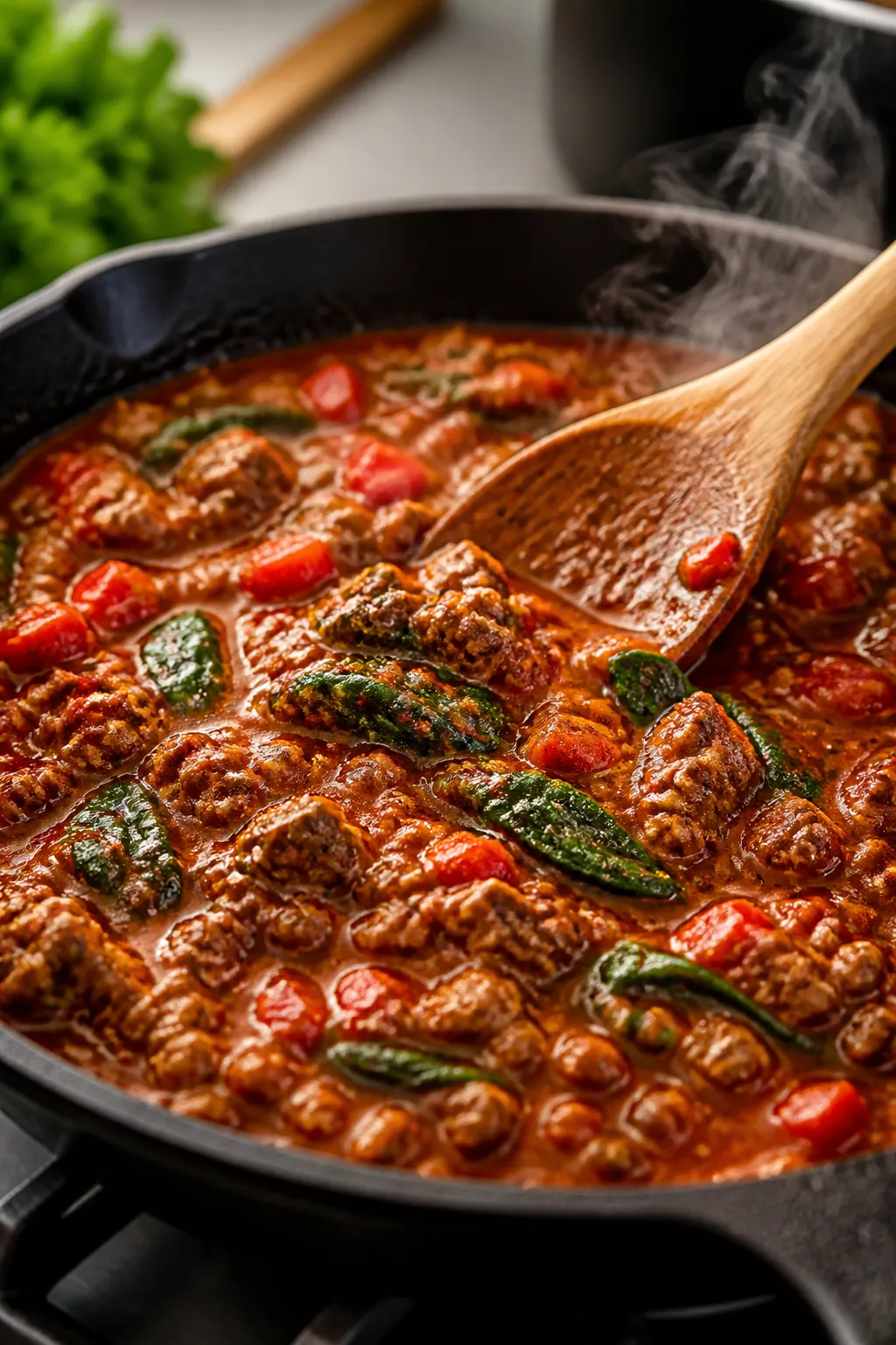 Cooking process — Ground Chicken Mozzarella Bake simmering in an oven-safe skillet: close-up of th