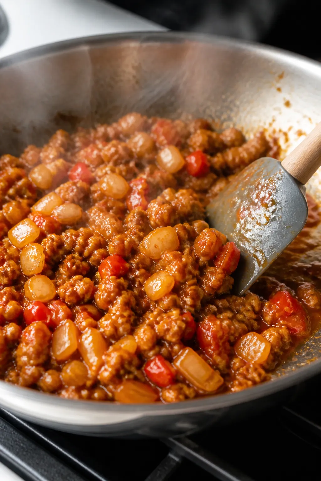 Cooking process — ground chicken sweet chili filling sizzling in a wide stainless skillet: browned