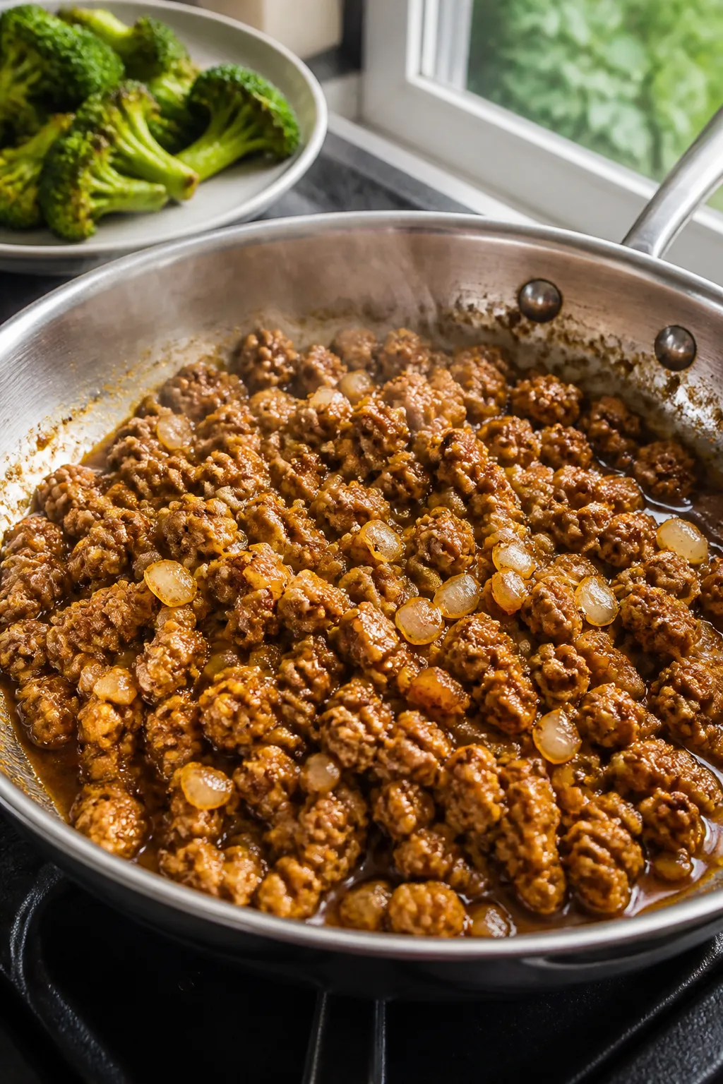 Cooking process â Ground chicken taking on color in a wide stainless skillet: lightly browned, car