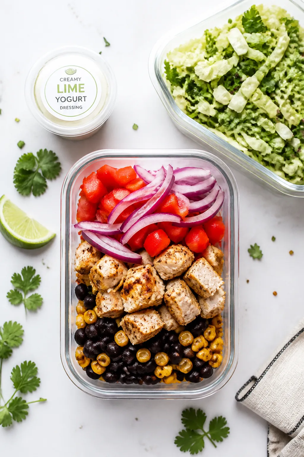 Cooking process: Meal-prep assembly scene with cooked components layered in a clear compartment cont