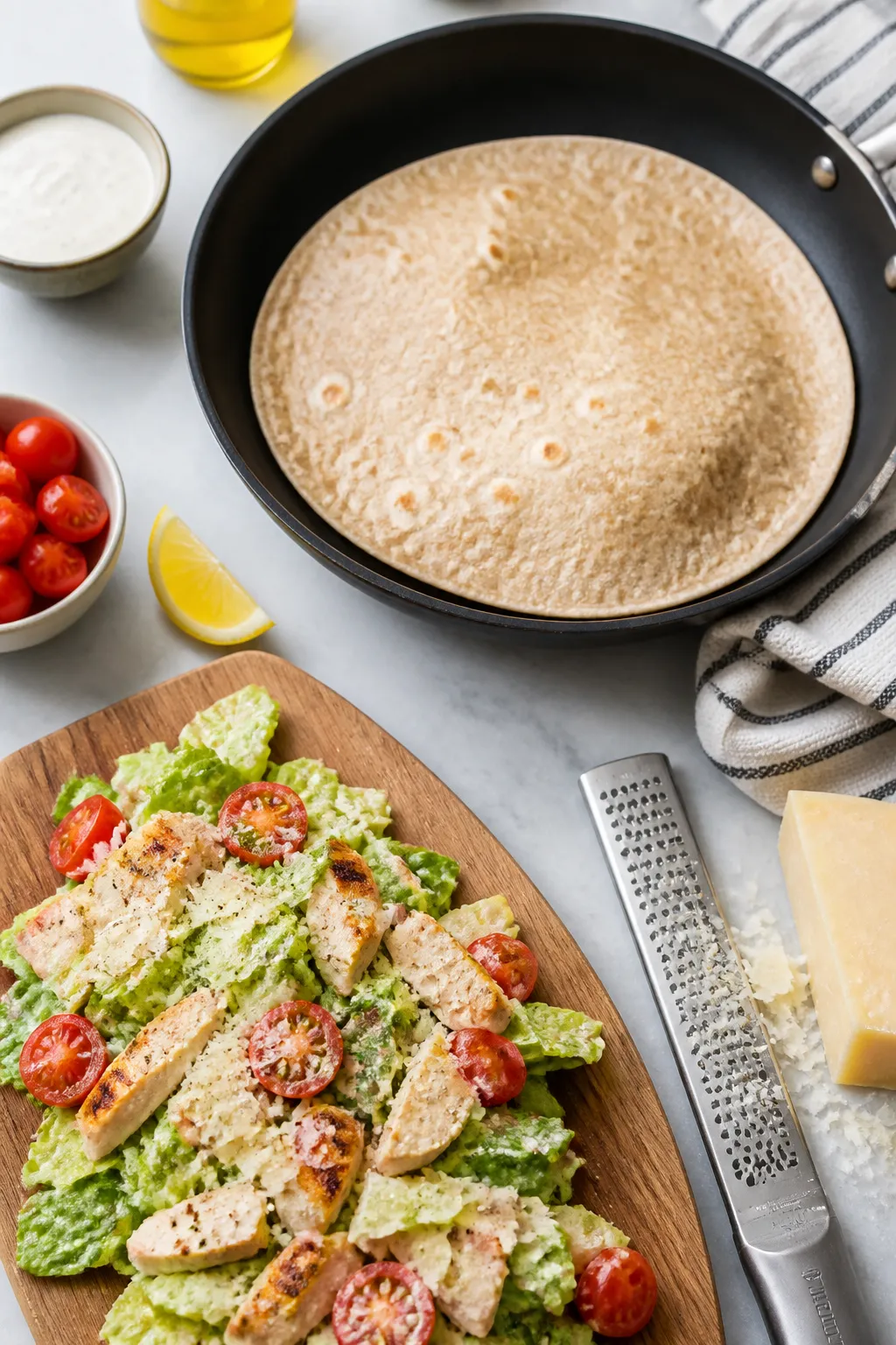 Cooking/process moment: Warming a 10-inch whole wheat high-protein tortilla in a dry skillet until s