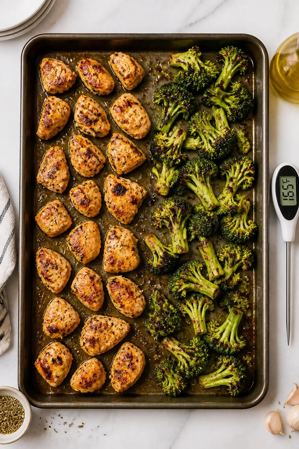 Cooking process: Overhead shot of a half-and-half sheet pan mid-roast at 425°Fâone side with even