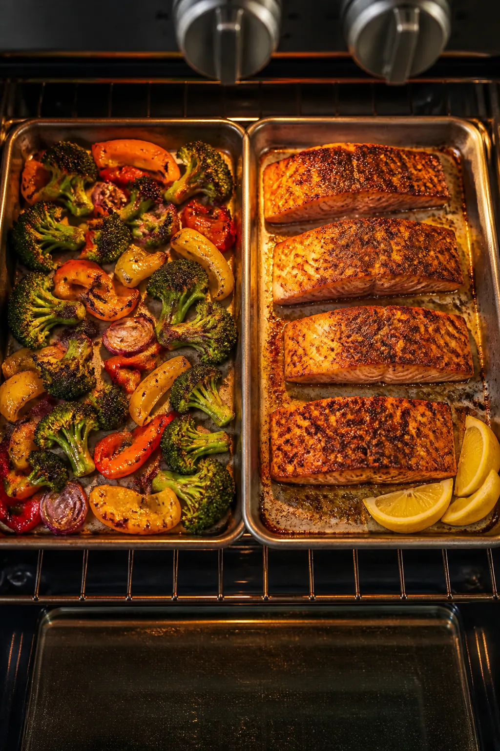 Cooking process: Overhead shot of a hot sheet pan duet in the oven—one pan with broccoli florets, 